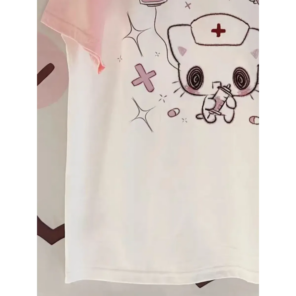 Kawaii Cartoon Patchwork T-Shirt – Harajuku Y2K Aesthetic Top