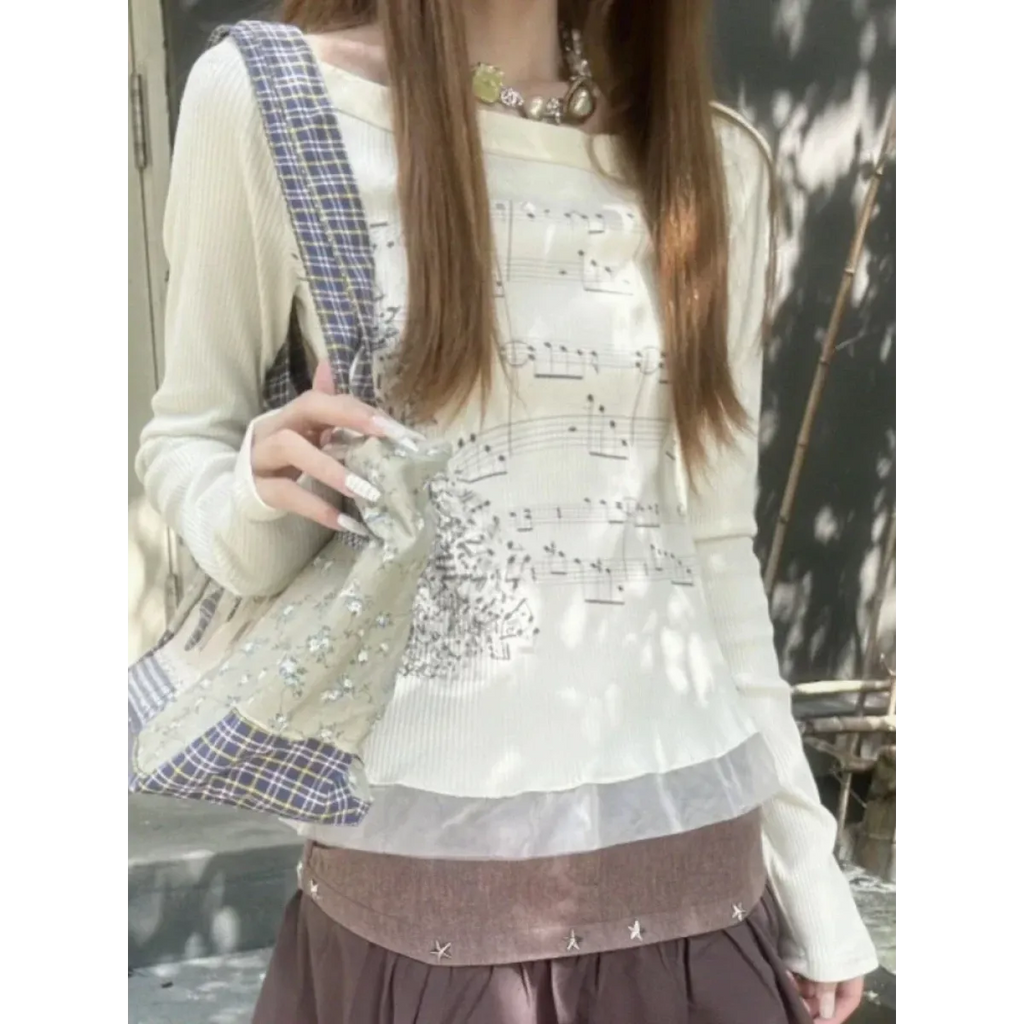 Y2K Aesthetic Long Sleeve Crop Top – Lace Grunge Print T-Shirt