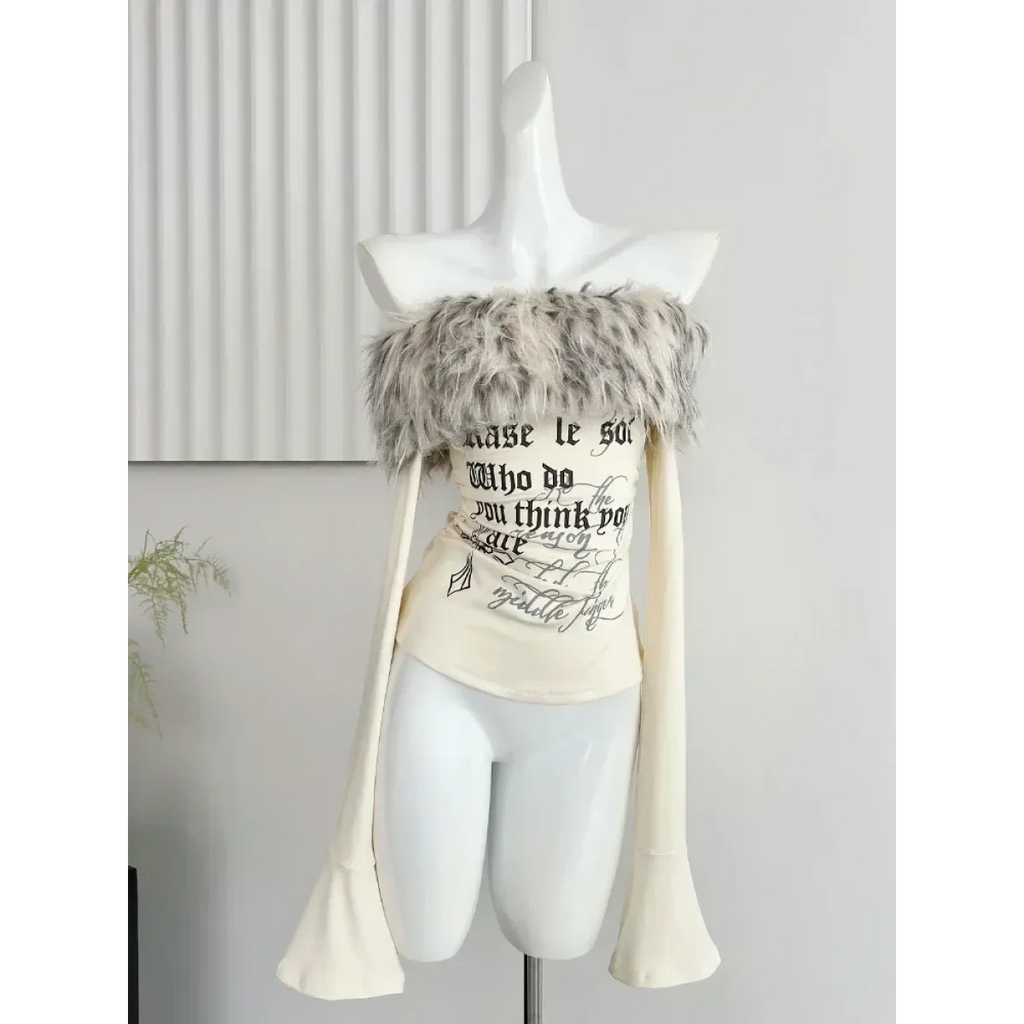Y2K Coquette Off-Shoulder Top – Faux Fur Trim Long Sleeve