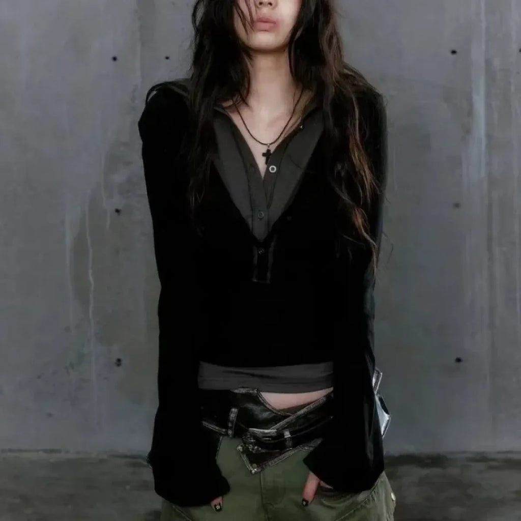 Patchwork Hooded Top – Y2K Cyber Grunge Slim Fit Knit Pullover