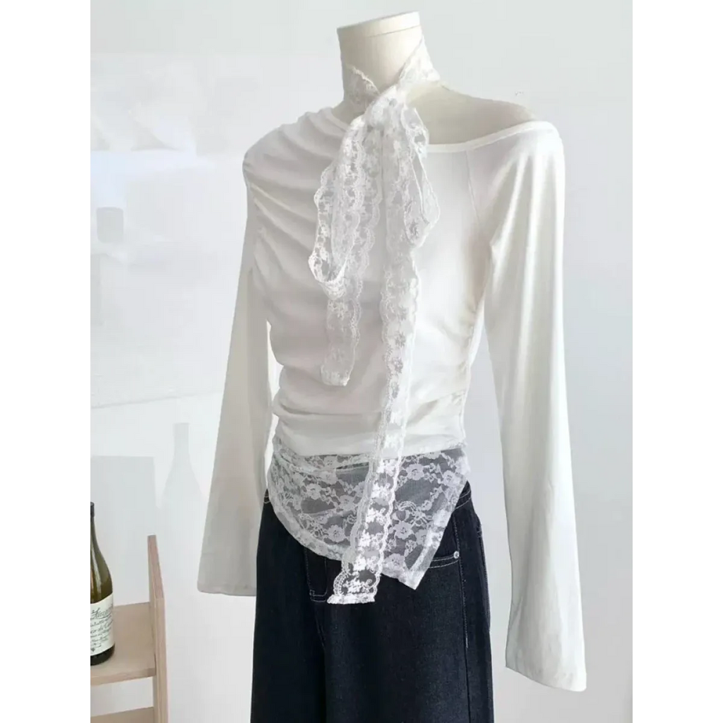 Lace Patchwork Off-Shoulder Top – Y2K Elegant Long Sleeve