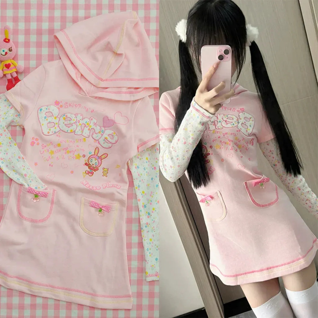 Kawaii Hoodie Dress – Y2K Fairycore Cartoon Print
