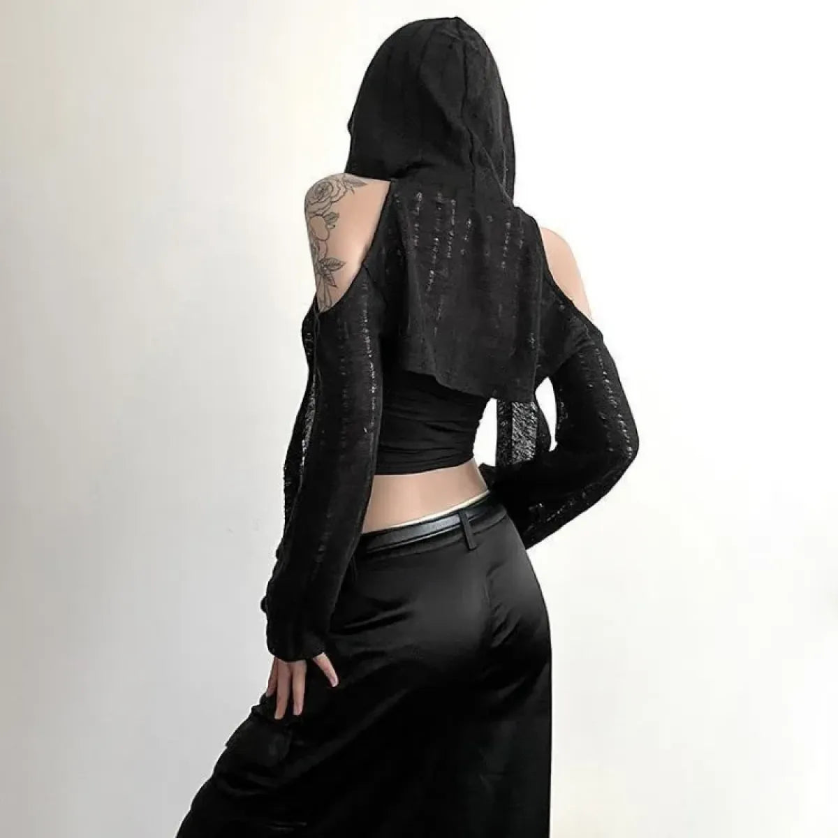 Y2K Grunge Black Hollow Out Hoodie – Slim Fit Long Sleeve Tee