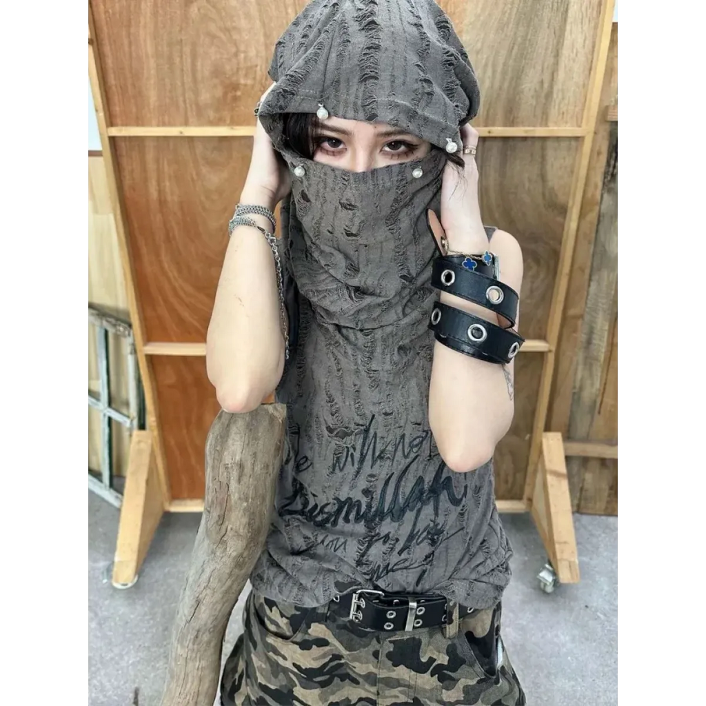 Distressed Hoodie Tank Top – Y2K Grunge Pearl Detail Tee
