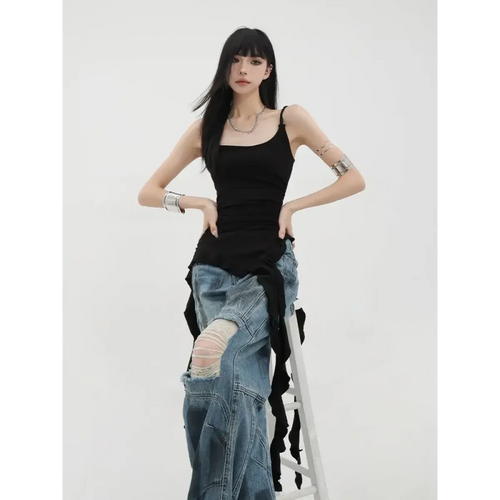 Black Asymmetrical Ruffle Tank Top – Y2K Grunge Punk Camisole