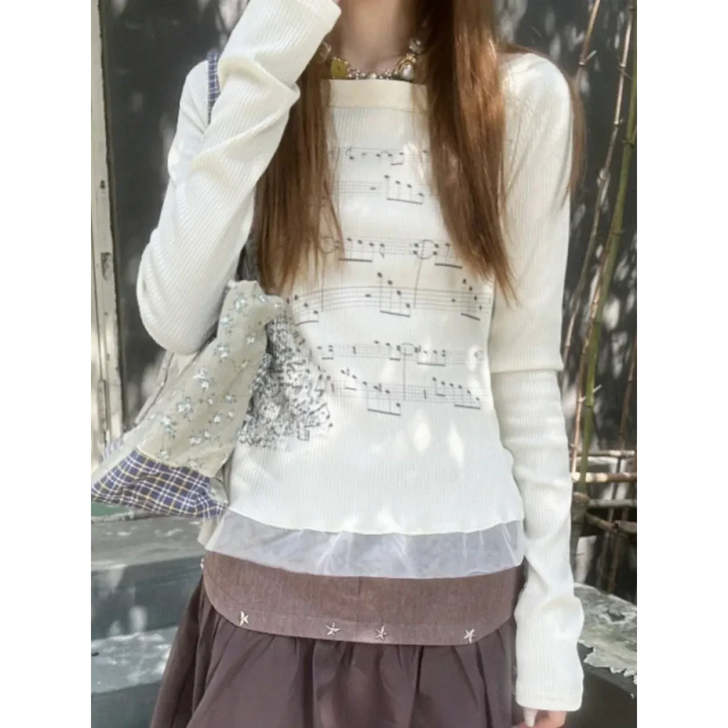 White Music Note Print Top – Off-Shoulder Y2K Grunge Tee
