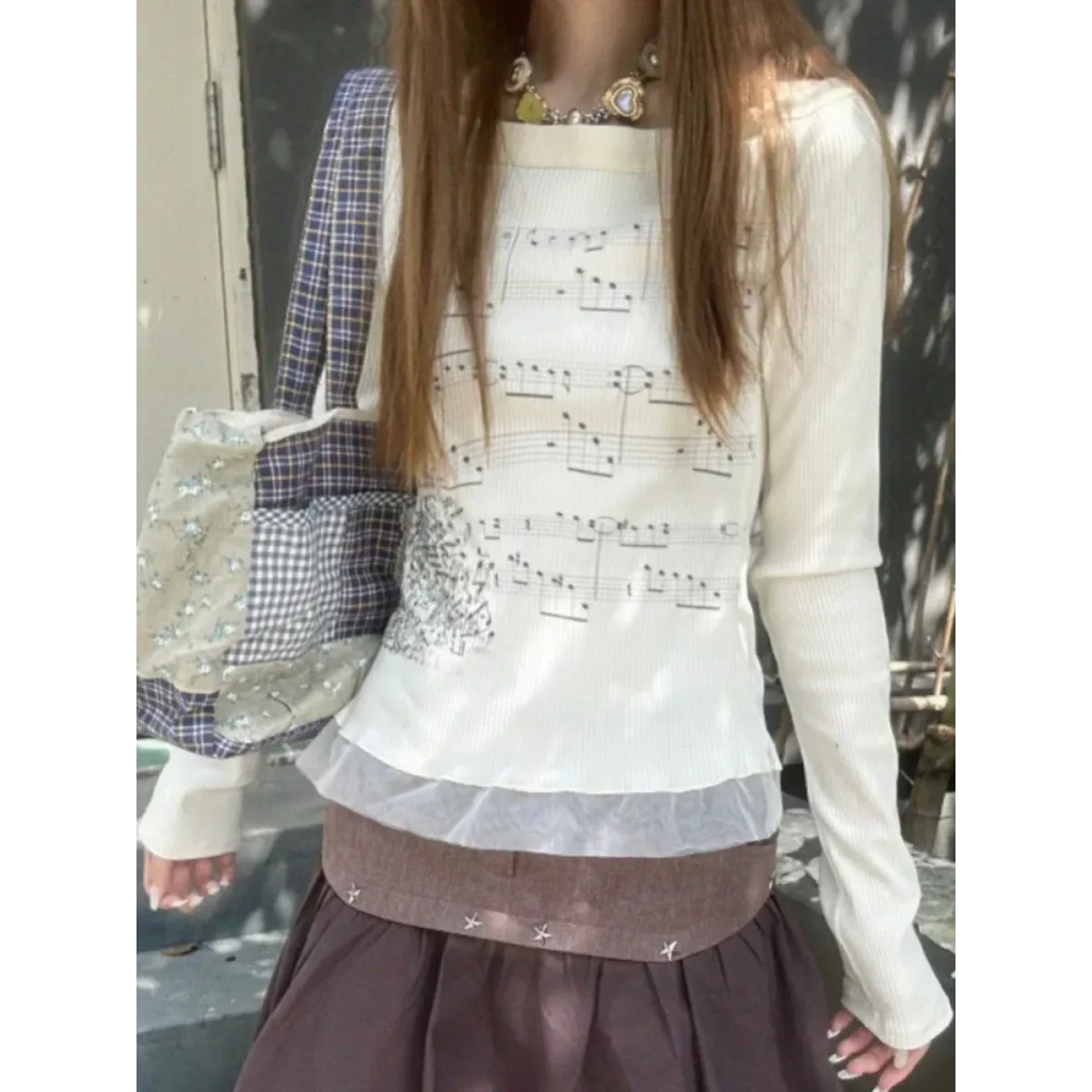 White Music Note Print Top – Off-Shoulder Y2K Grunge Tee