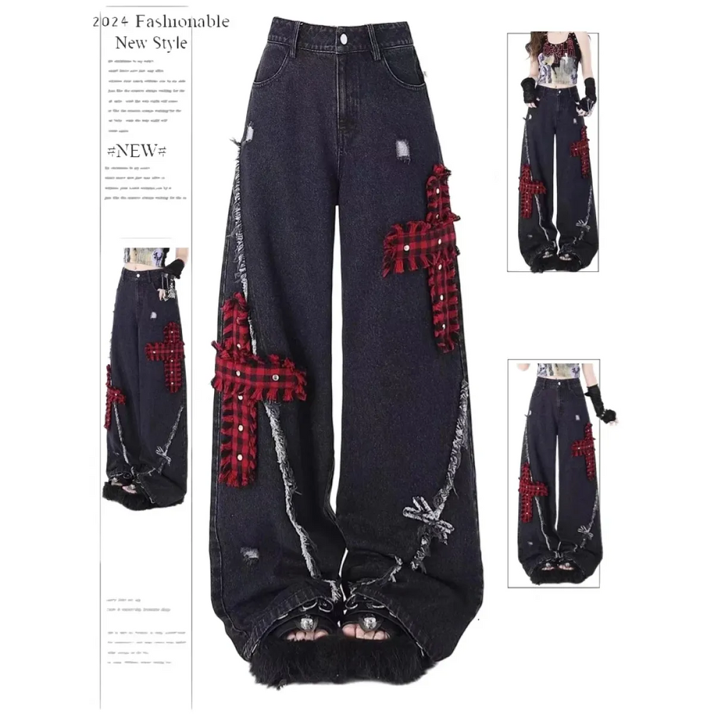 Gothic Patchwork Baggy Jeans – Y2K Harajuku Grunge