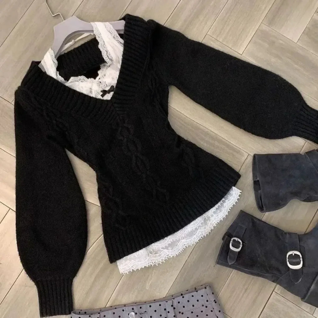 V-Neck Slim Fit Sweater – Y2K Lace Trim Knit Pullover Top