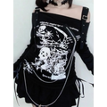 Gothic Punk Off-Shoulder Top – Y2K Skull Print Tee