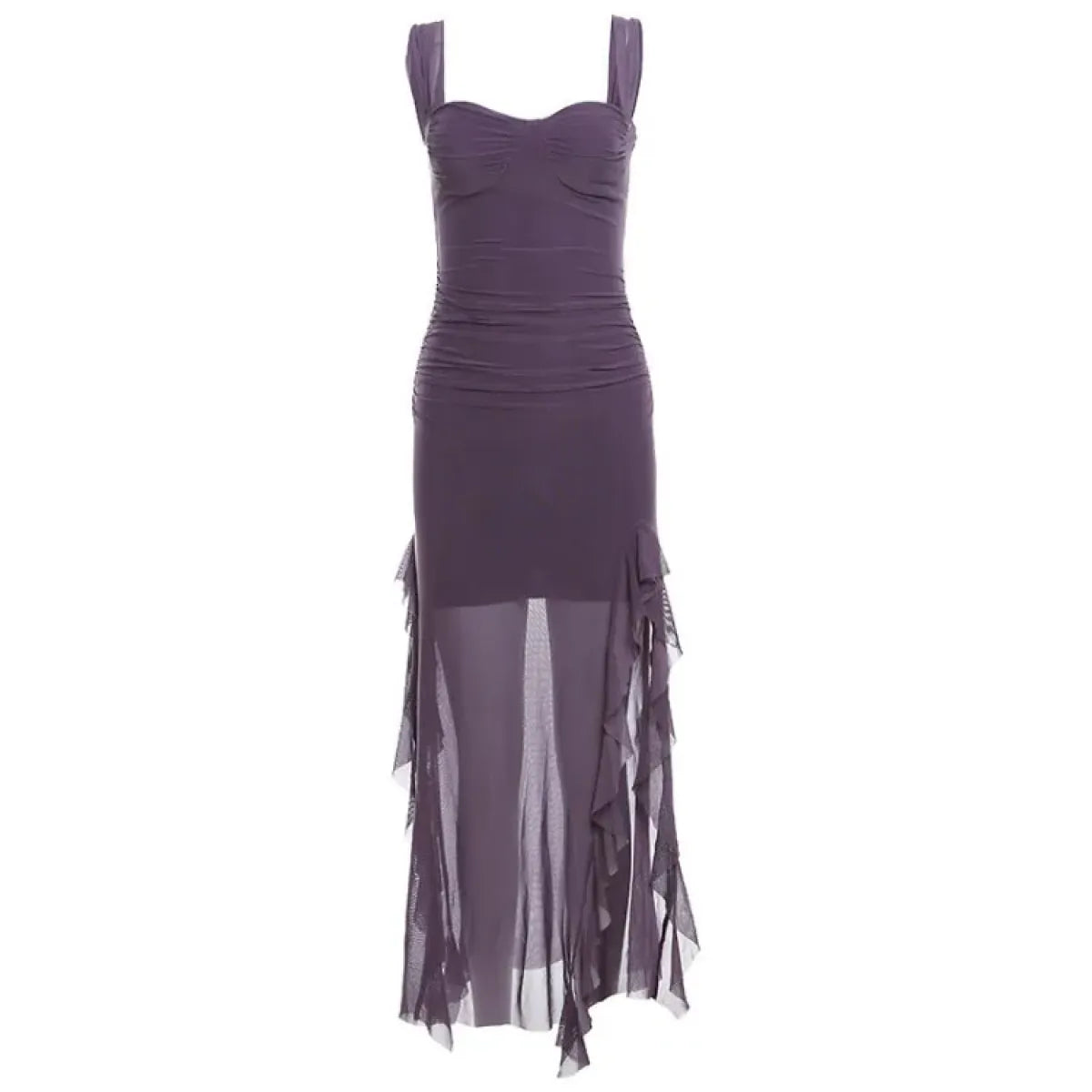 Sheer Mesh Ruffle Dress – Y2K Slim Fit High Slit Aesthetic