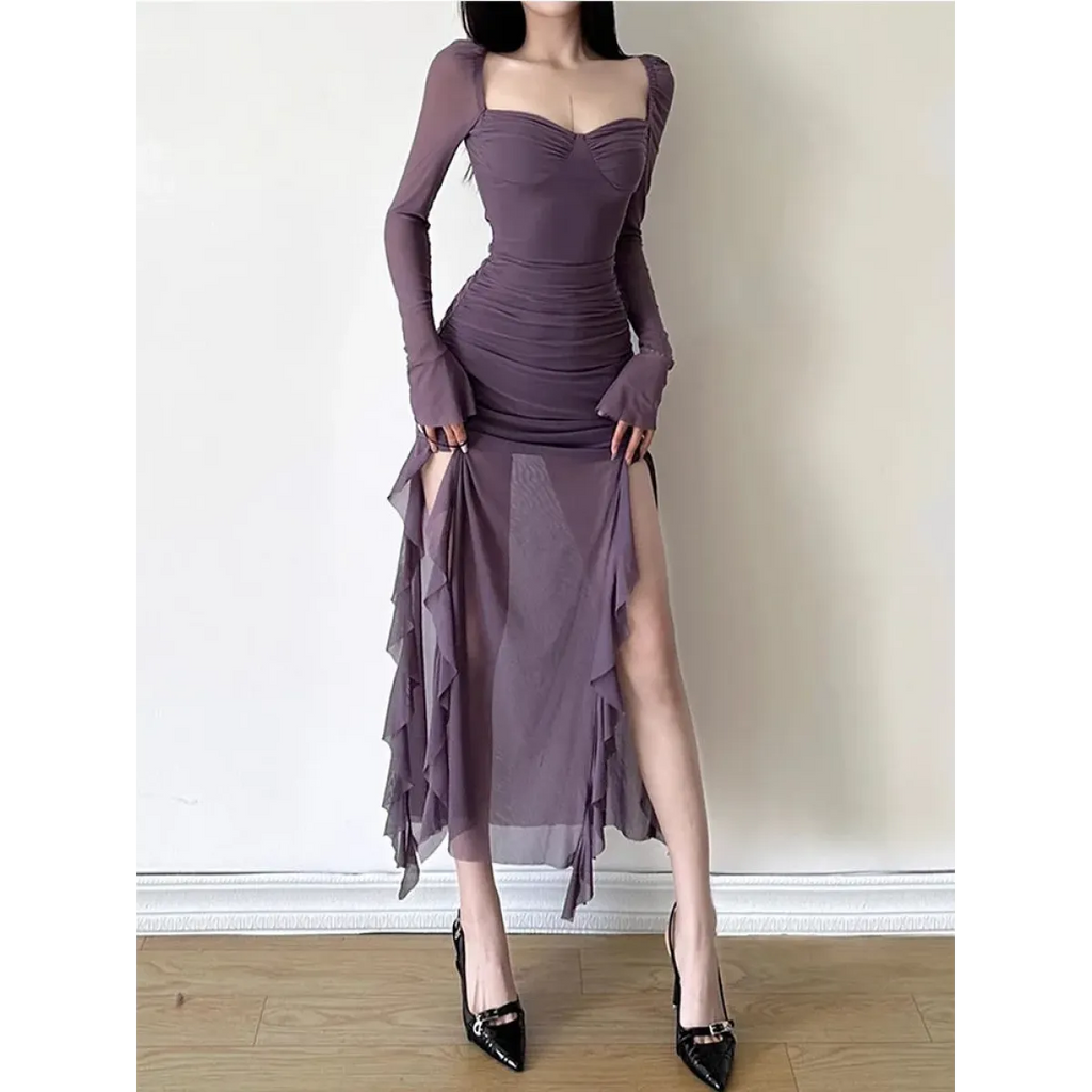 Sheer Mesh Ruffle Dress – Y2K Slim Fit High Slit Aesthetic